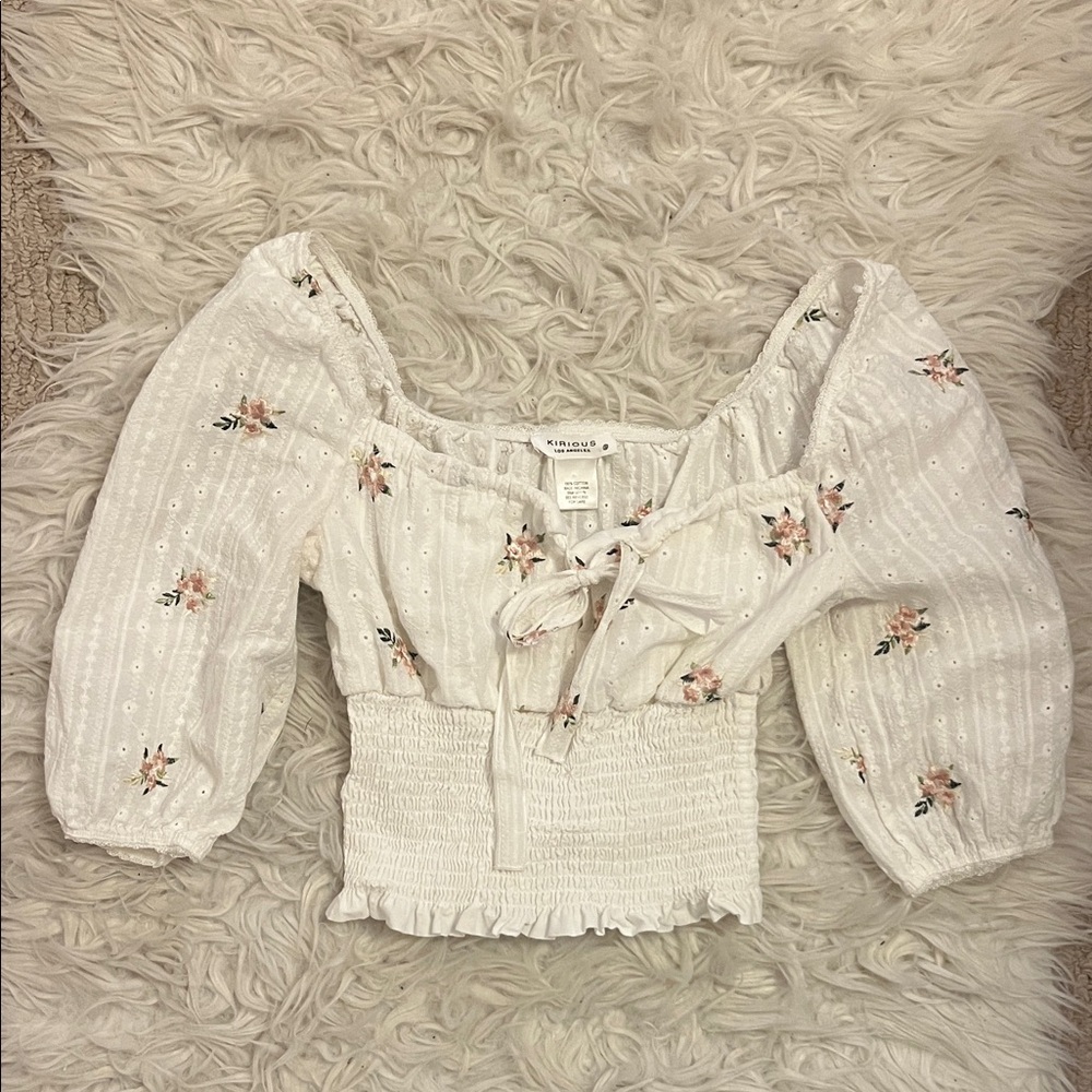 Chic White Floral Blouse with Smocked Waist